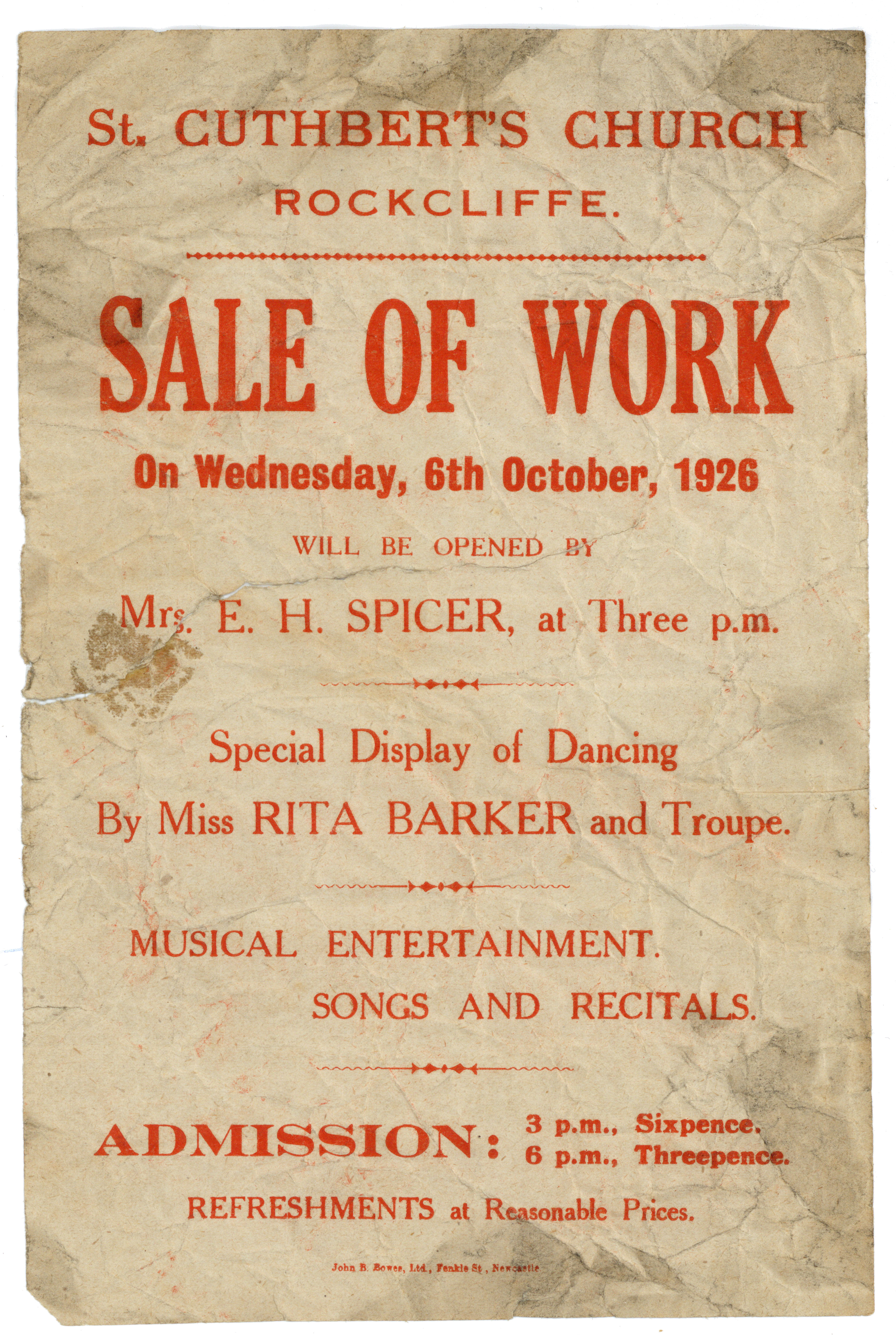 St Cuthbert's Church Sale of Work poster, 1926